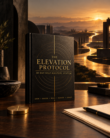 The Elevation Protocol workbook standing beside a gold-lit path at dawn; the notebook cover displays the title and 30-Day Self-Mastery System.