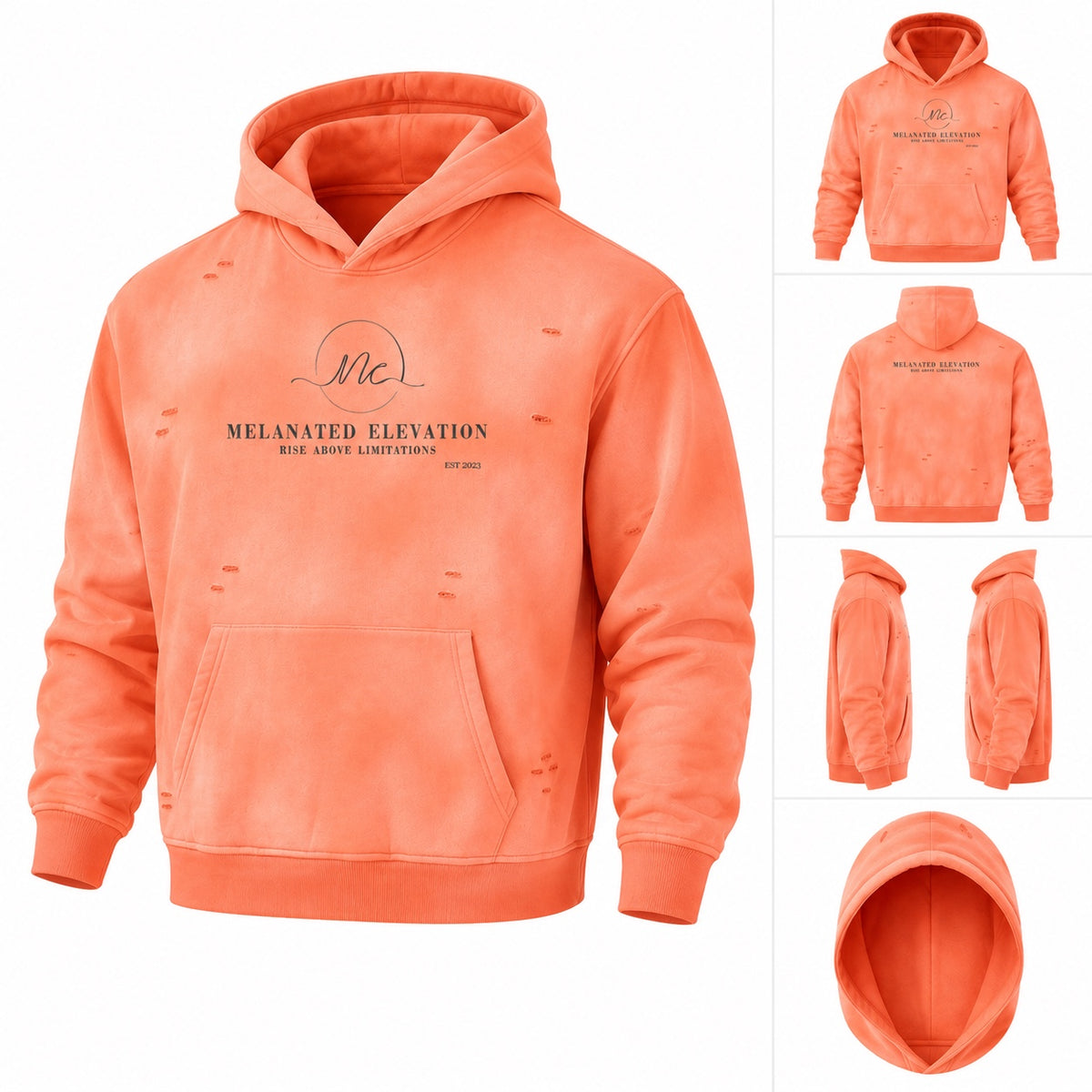 Coral Melanated Elevation hoodie shown from multiple angles