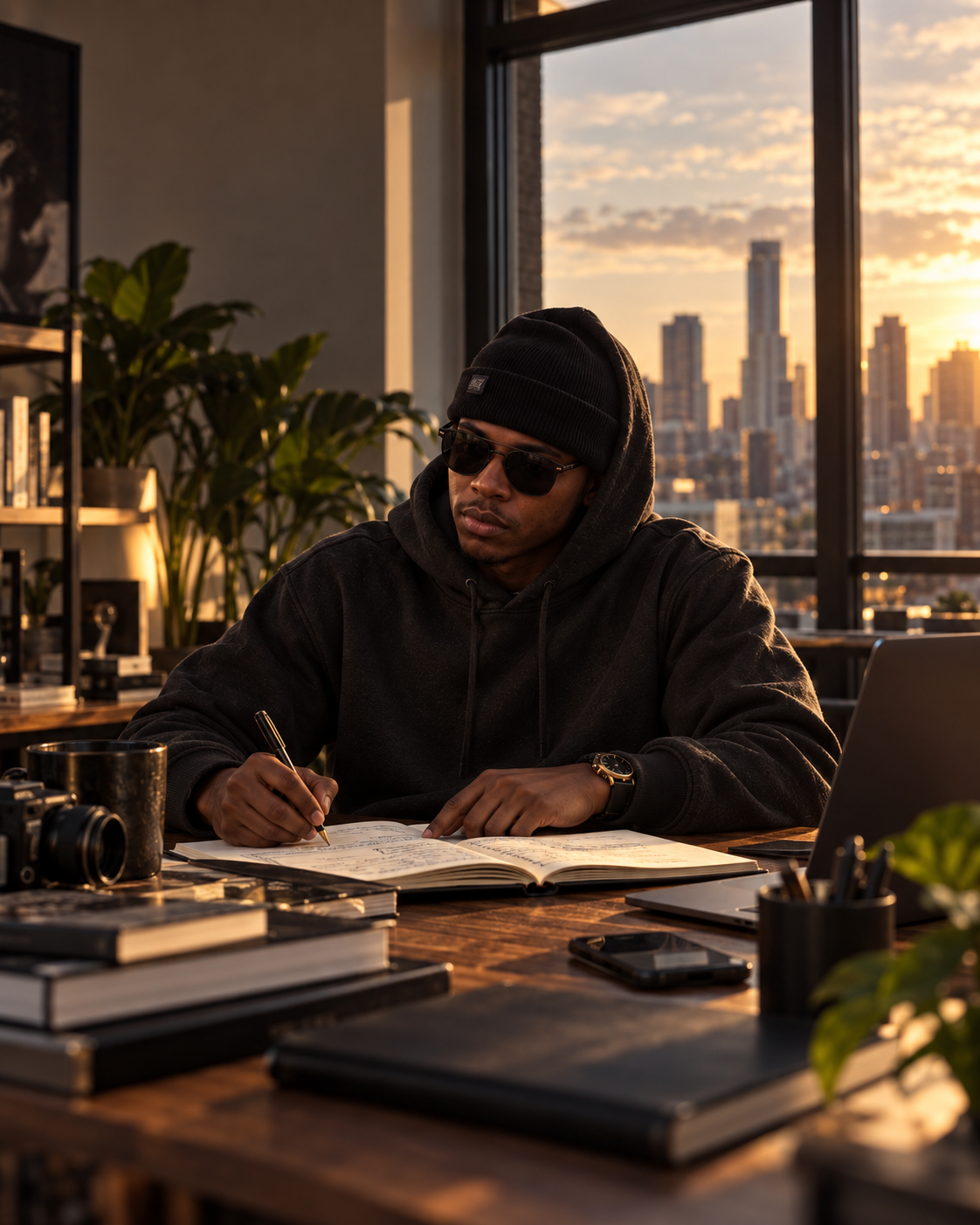 Melanated Elevation founder studying and writing at a desk overlooking the city at sunrise
