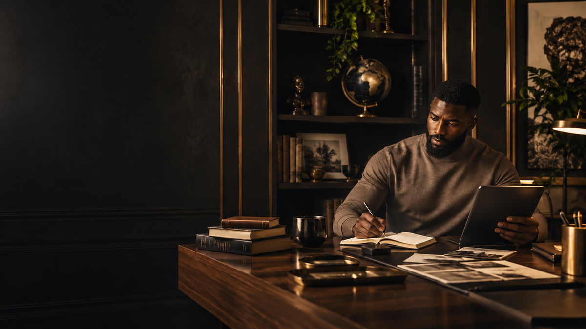 Melanated scholar writing while reviewing a tablet in a black, brown, and gold private library