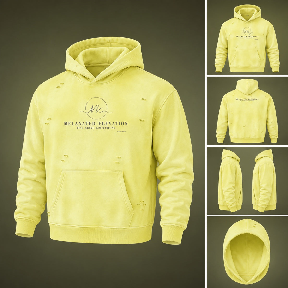Yellow Melanated Elevation hoodie shown from multiple angles